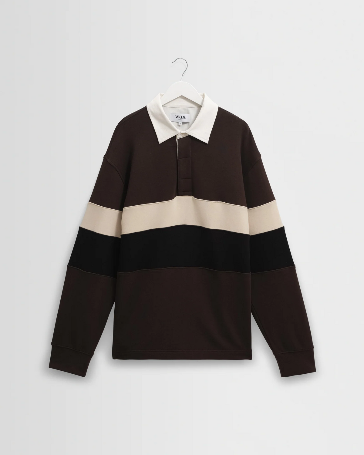 WAX LONDON - ROWHILL - BROWN AND BLACK PANELLED LOOPBACK RUGBY SHIRT