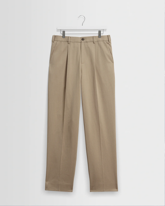 WAX LONDON - AUBYN - BEIGE COTTON TENCEL TWILL RELAXED FIT TROUSERS