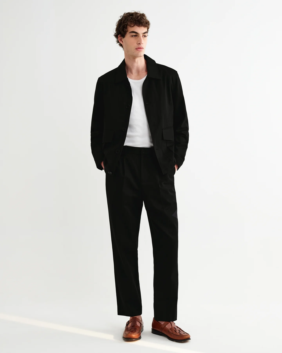 WAX LONDON - AUBYN - BLACK COTTON TENCEL TWILL RELAXED FIT TROUSERS