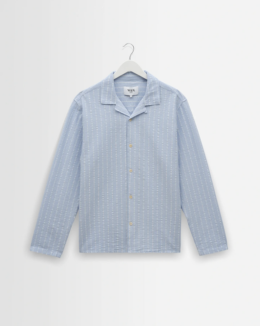 WAX LONDON - COREY - BLUE AND ECRU SEERSUCKER-COTTON STRIPE SHIRT