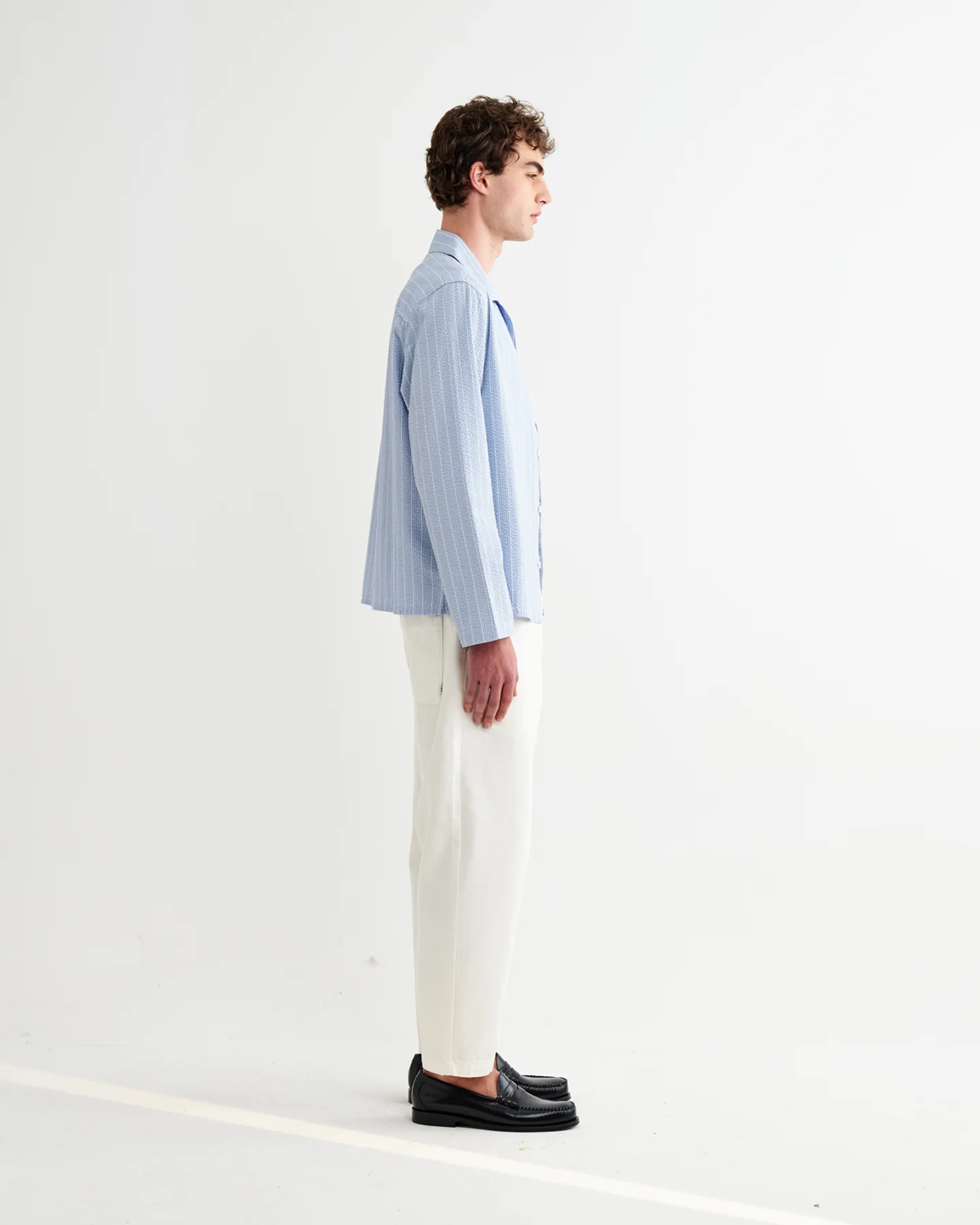 WAX LONDON - COREY - BLUE AND ECRU SEERSUCKER-COTTON STRIPE SHIRT