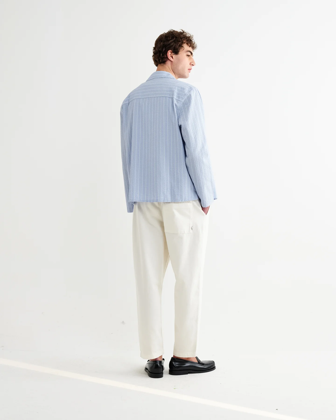WAX LONDON - COREY - BLUE AND ECRU SEERSUCKER-COTTON STRIPE SHIRT