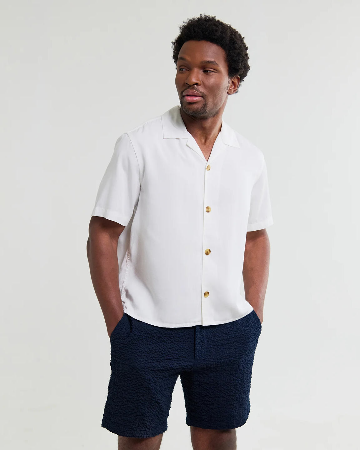 WAX LONDON - CURZON - OFF WHITE LYOCELL TWILL SHORT SLEEVE SHIRT