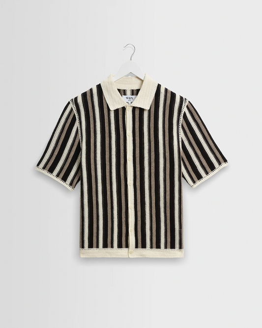 WAX LONDON - PORTO - ECRU AND BLACK STRIPE CROCHET KNITTED SHIRT