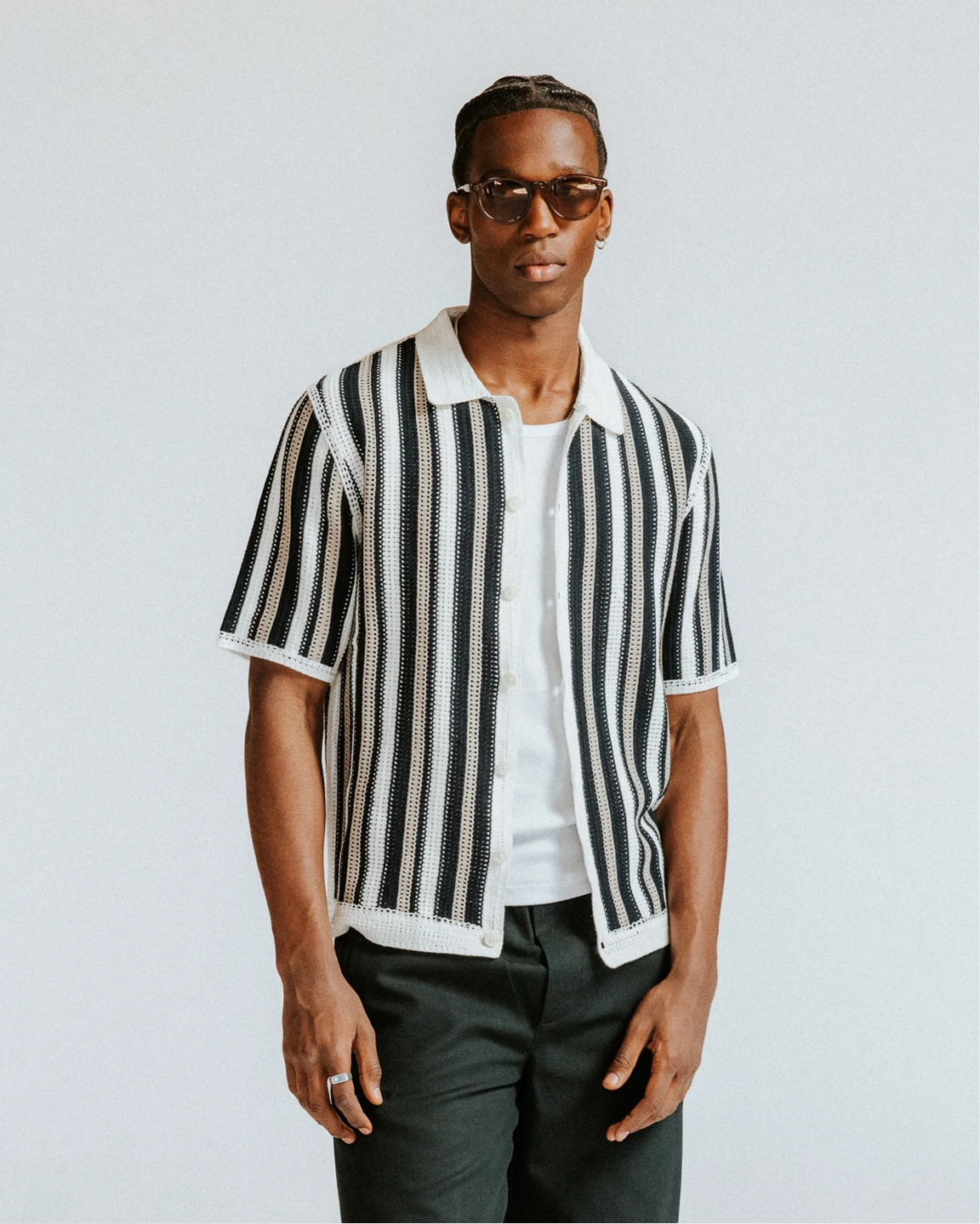WAX LONDON - PORTO - ECRU AND BLACK STRIPE CROCHET KNITTED SHIRT