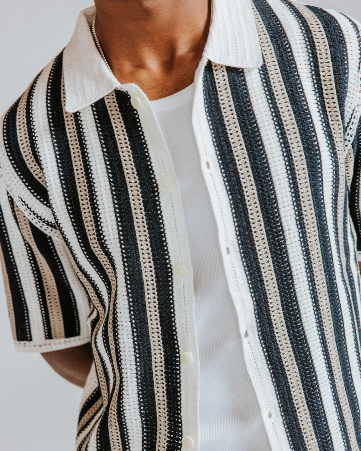 WAX LONDON - PORTO - ECRU AND BLACK STRIPE CROCHET KNITTED SHIRT