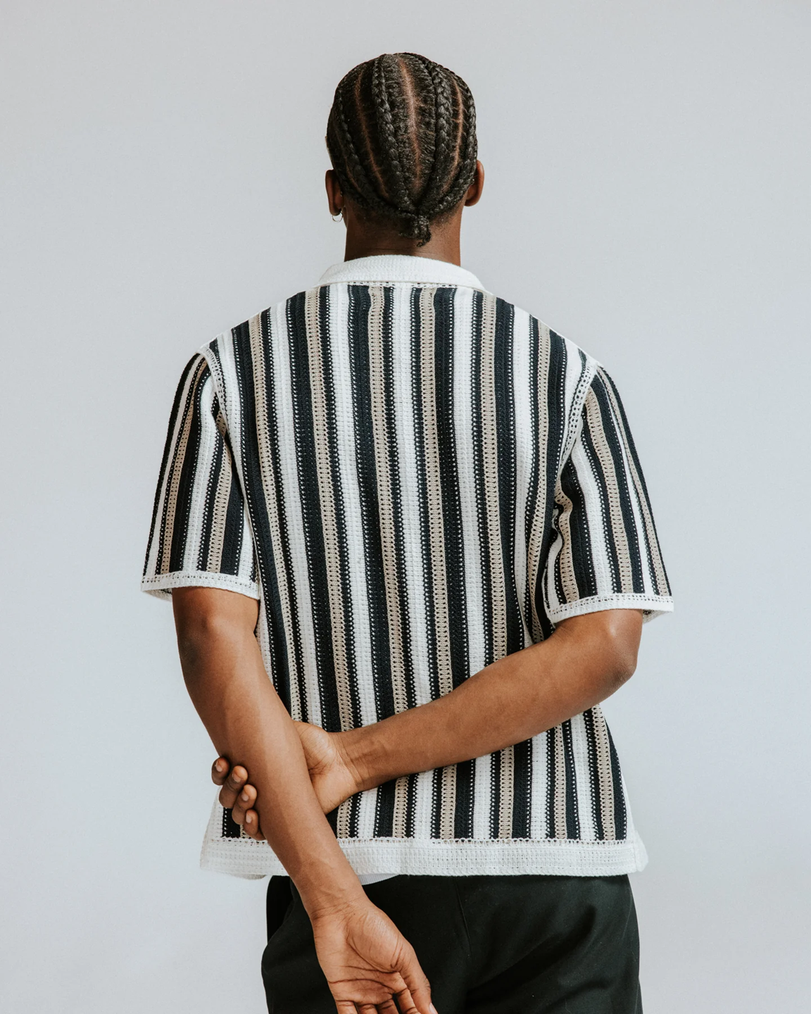 WAX LONDON - PORTO - ECRU AND BLACK STRIPE CROCHET KNITTED SHIRT
