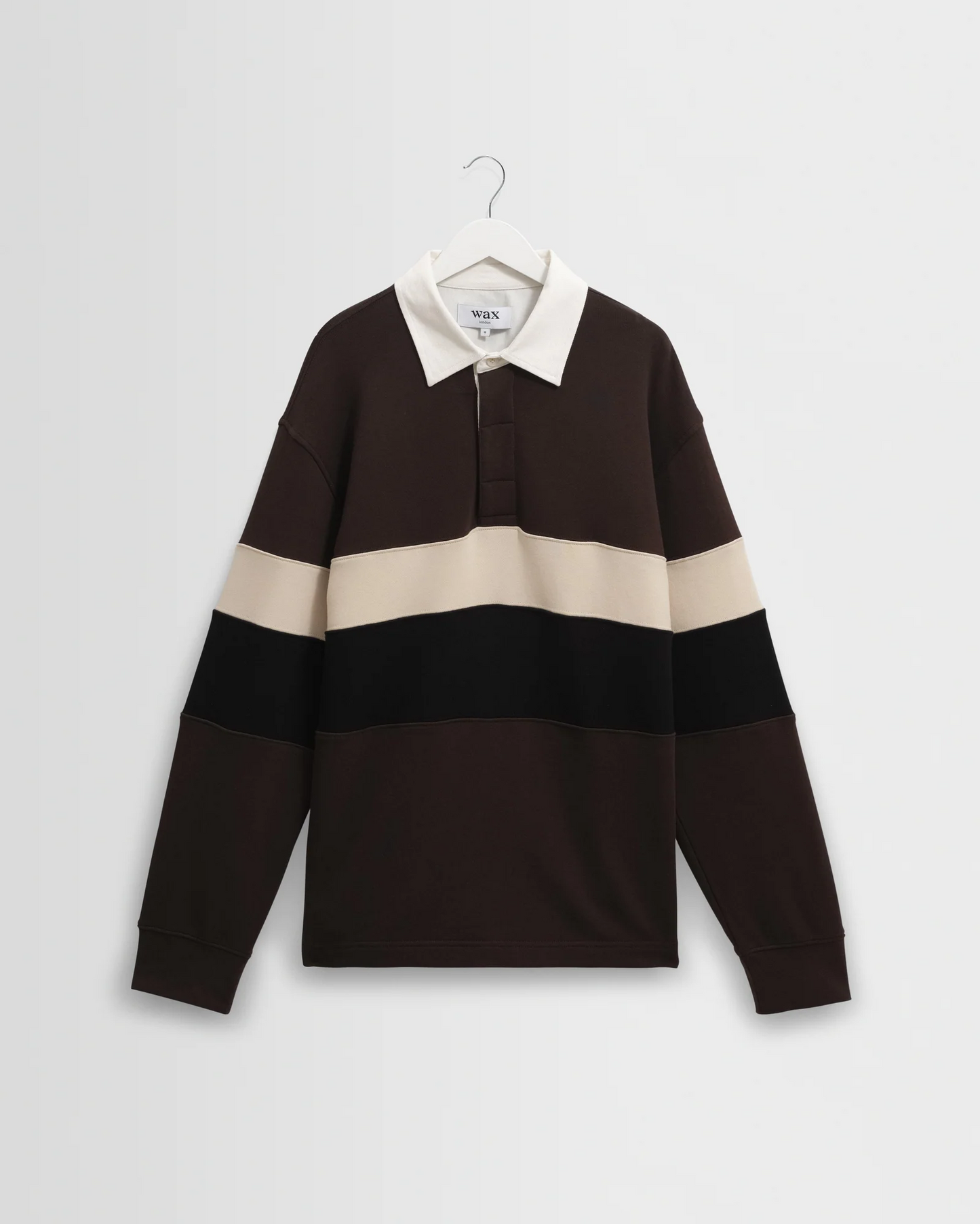 WAX LONDON - ROWHILL - BROWN AND BLACK PANELLED LOOPBACK RUGBY SHIRT