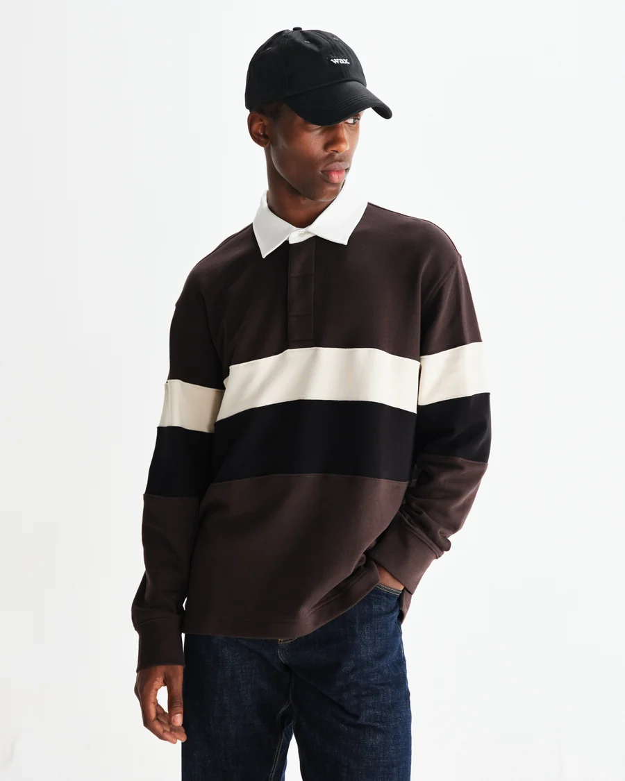 WAX LONDON - ROWHILL - BROWN AND BLACK PANELLED LOOPBACK RUGBY SHIRT