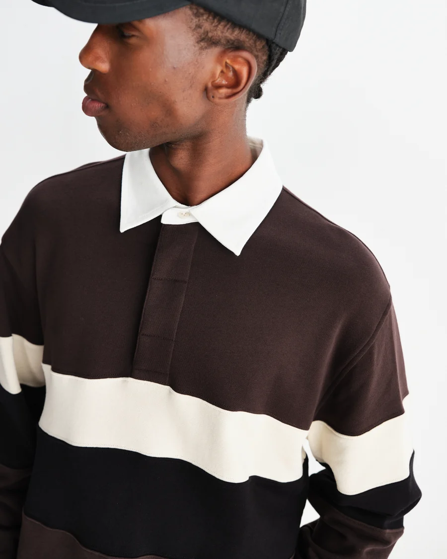 WAX LONDON - ROWHILL - BROWN AND BLACK PANELLED LOOPBACK RUGBY SHIRT