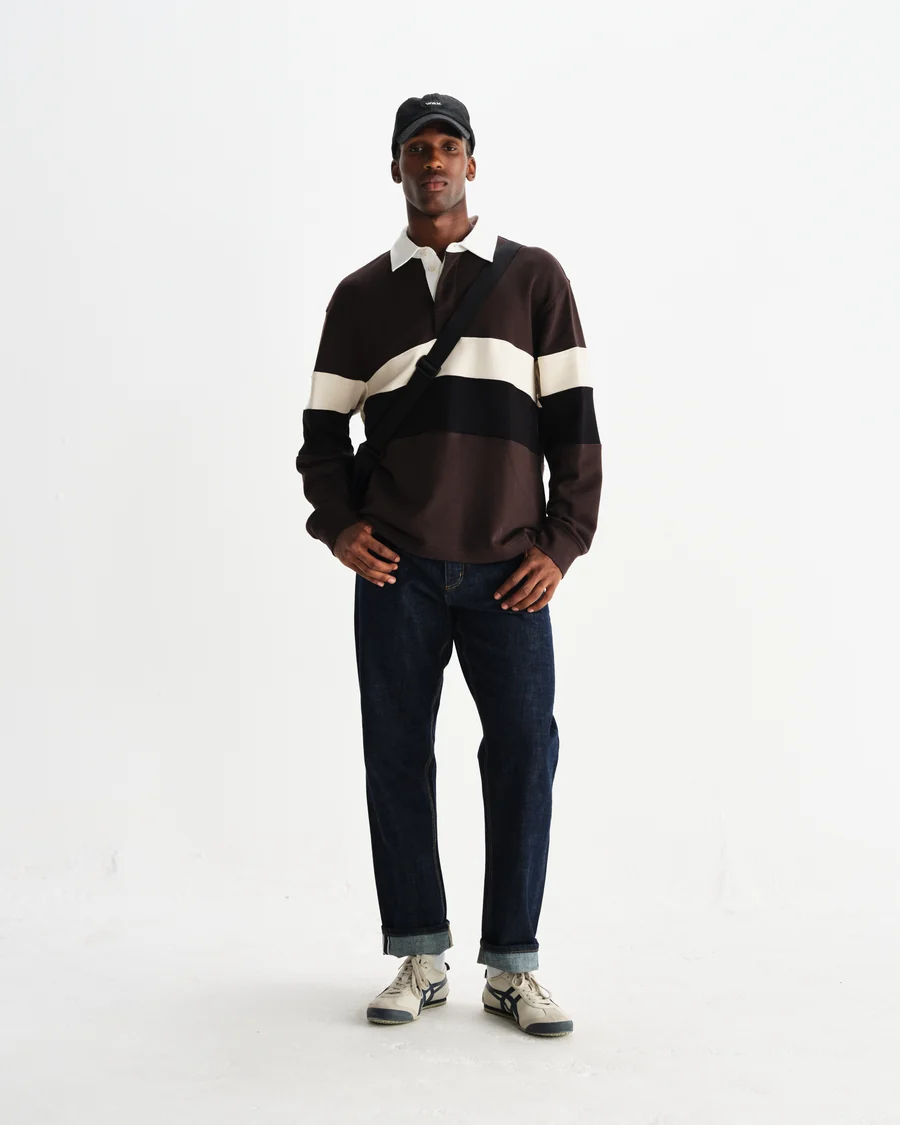 WAX LONDON - ROWHILL - BROWN AND BLACK PANELLED LOOPBACK RUGBY SHIRT