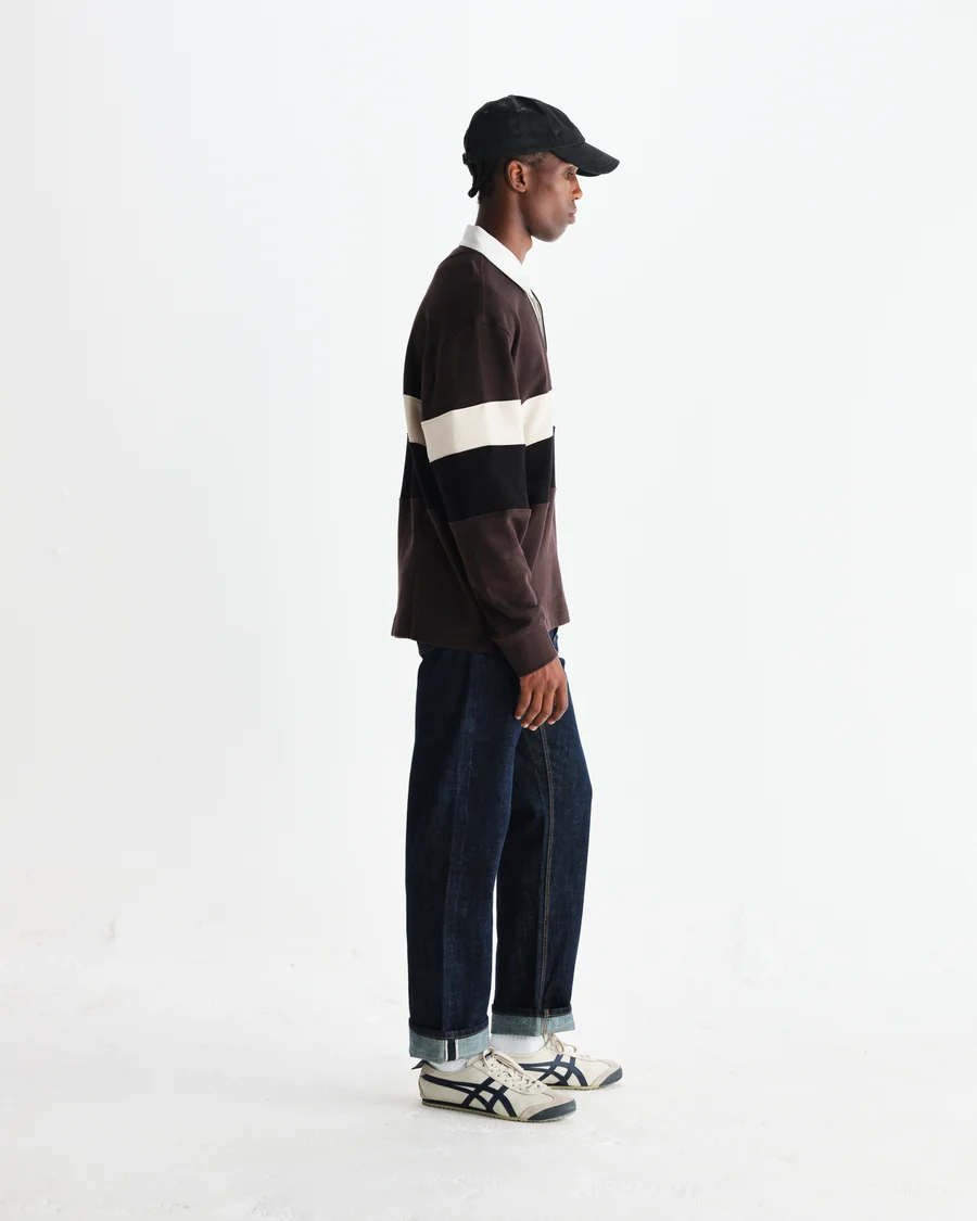WAX LONDON - ROWHILL - BROWN AND BLACK PANELLED LOOPBACK RUGBY SHIRT