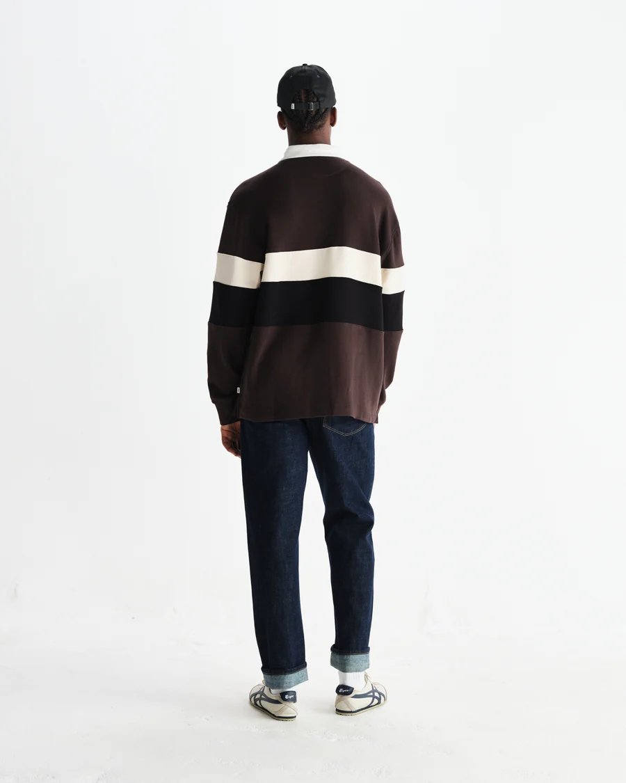 WAX LONDON - ROWHILL - BROWN AND BLACK PANELLED LOOPBACK RUGBY SHIRT