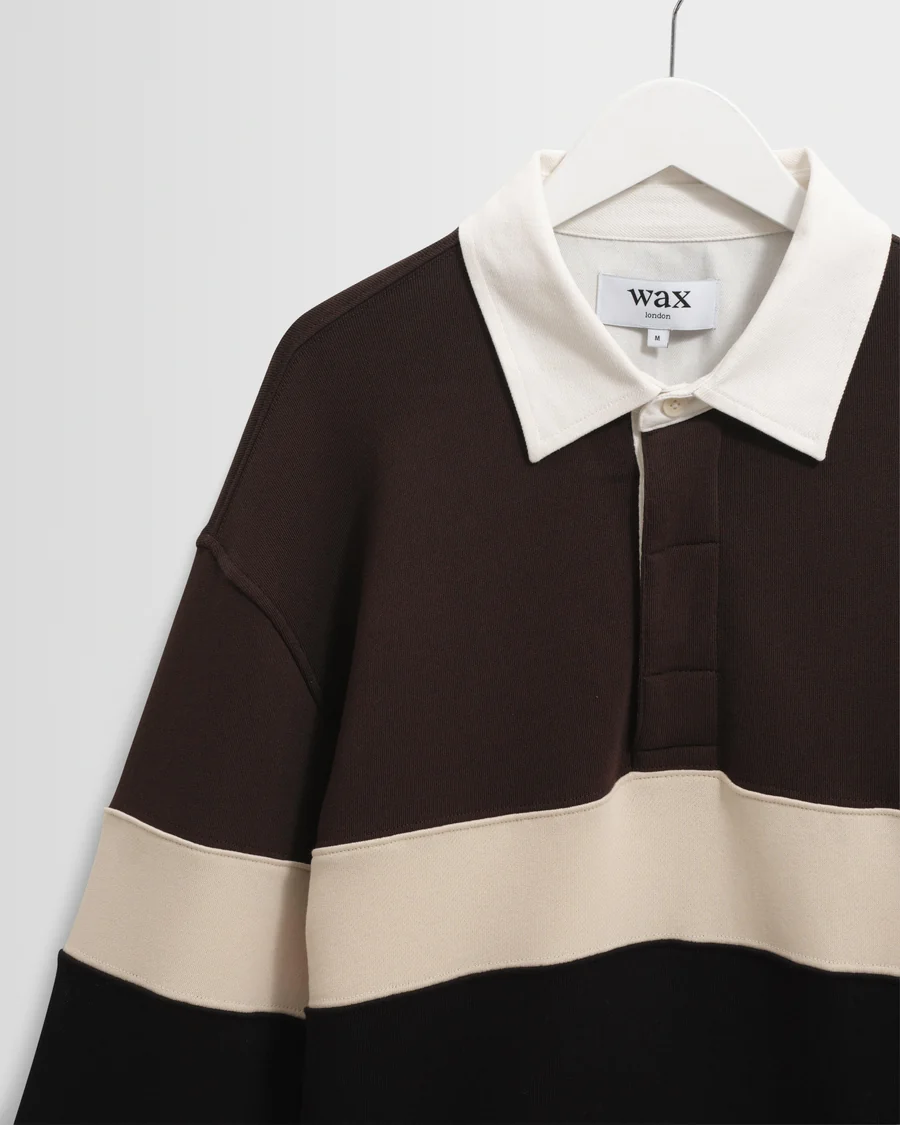 WAX LONDON - ROWHILL - BROWN AND BLACK PANELLED LOOPBACK RUGBY SHIRT