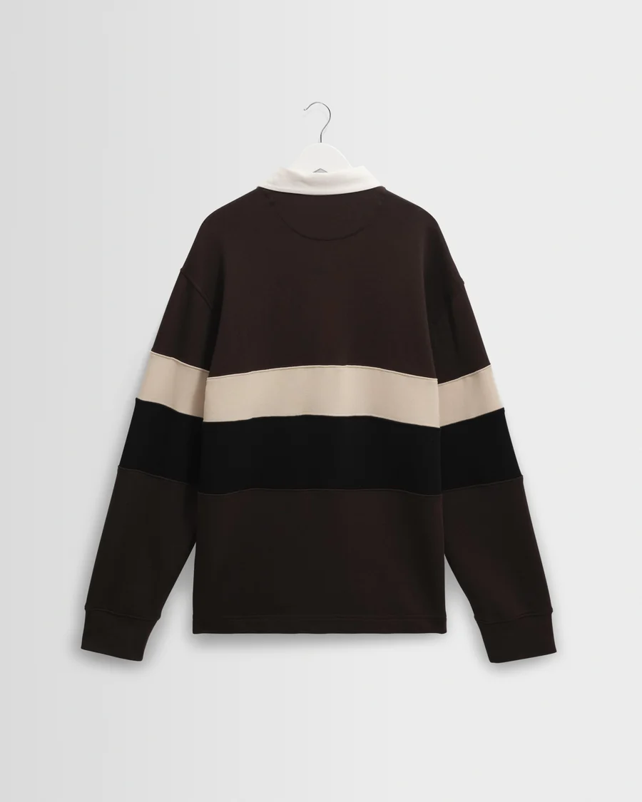 WAX LONDON - ROWHILL - BROWN AND BLACK PANELLED LOOPBACK RUGBY SHIRT