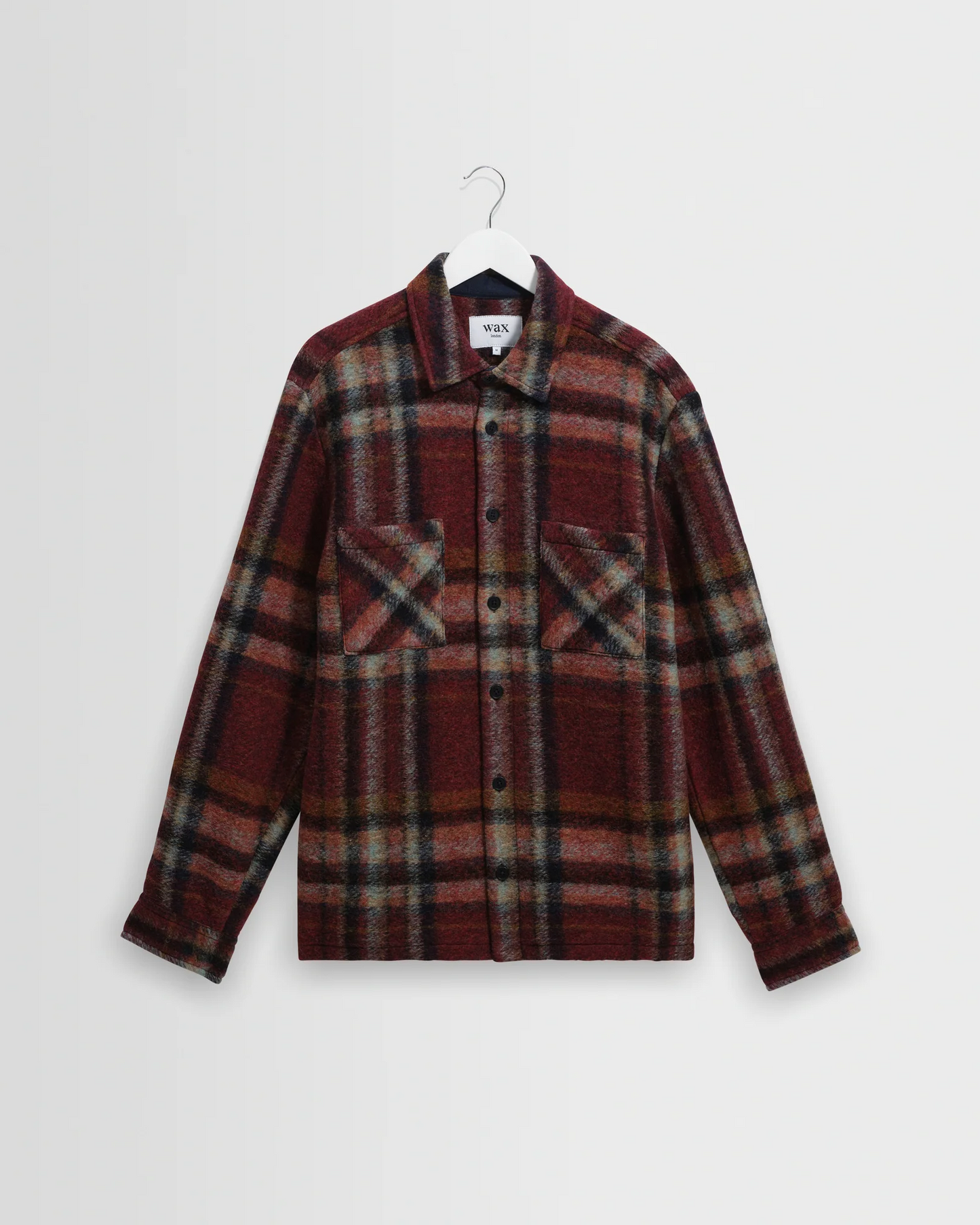 WAX LONDON - WHITING - BURGUNDY AND MULTICOLOUR LEX WOOL BLEND CHECK OVERSHIRT