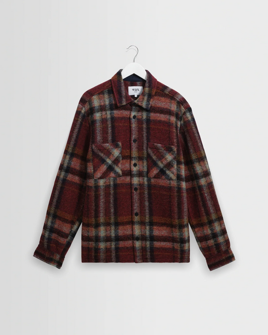 WAX LONDON - WHITING - BURGUNDY AND MULTICOLOUR LEX WOOL BLEND CHECK OVERSHIRT