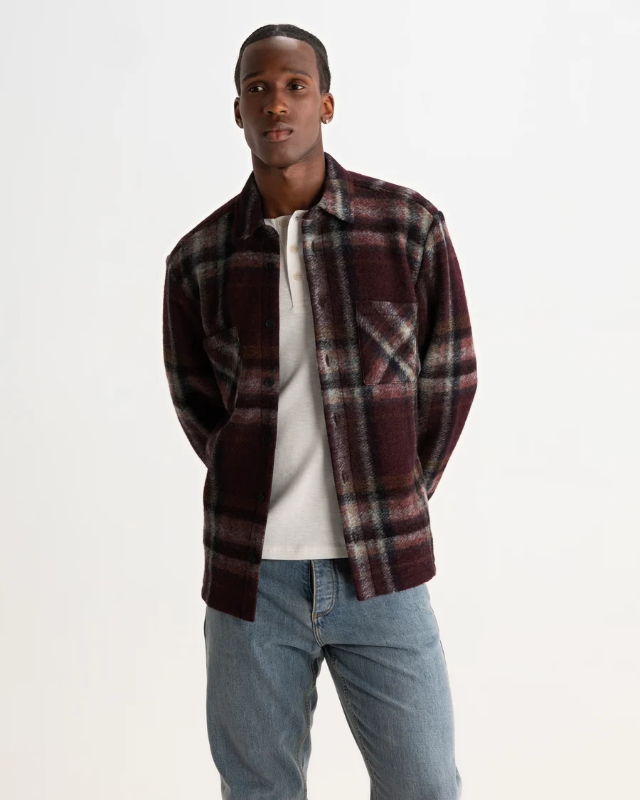 WAX LONDON - WHITING - BURGUNDY AND MULTICOLOUR LEX WOOL BLEND CHECK OVERSHIRT