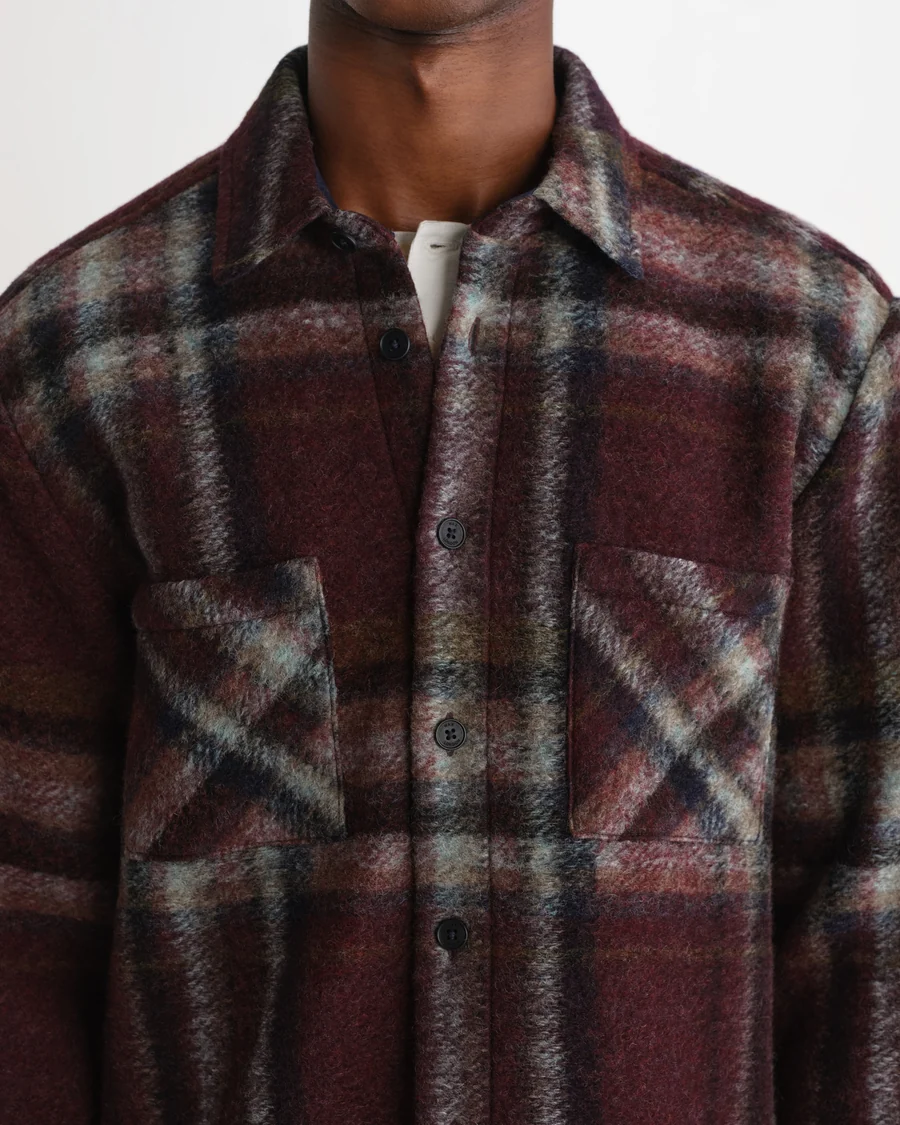 WAX LONDON - WHITING - BURGUNDY AND MULTICOLOUR LEX WOOL BLEND CHECK OVERSHIRT