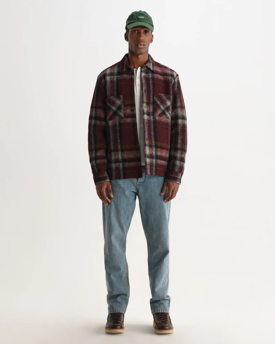 WAX LONDON - WHITING - BURGUNDY AND MULTICOLOUR LEX WOOL BLEND CHECK OVERSHIRT