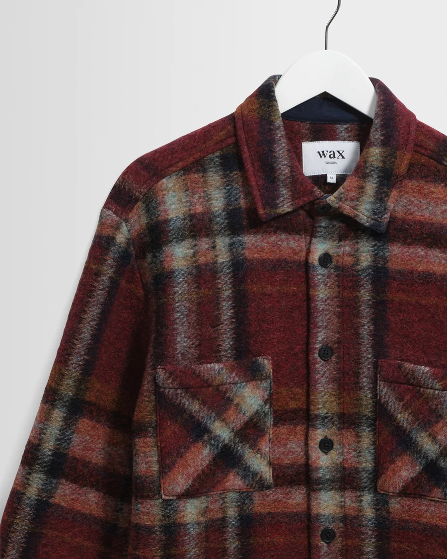 WAX LONDON - WHITING - BURGUNDY AND MULTICOLOUR LEX WOOL BLEND CHECK OVERSHIRT