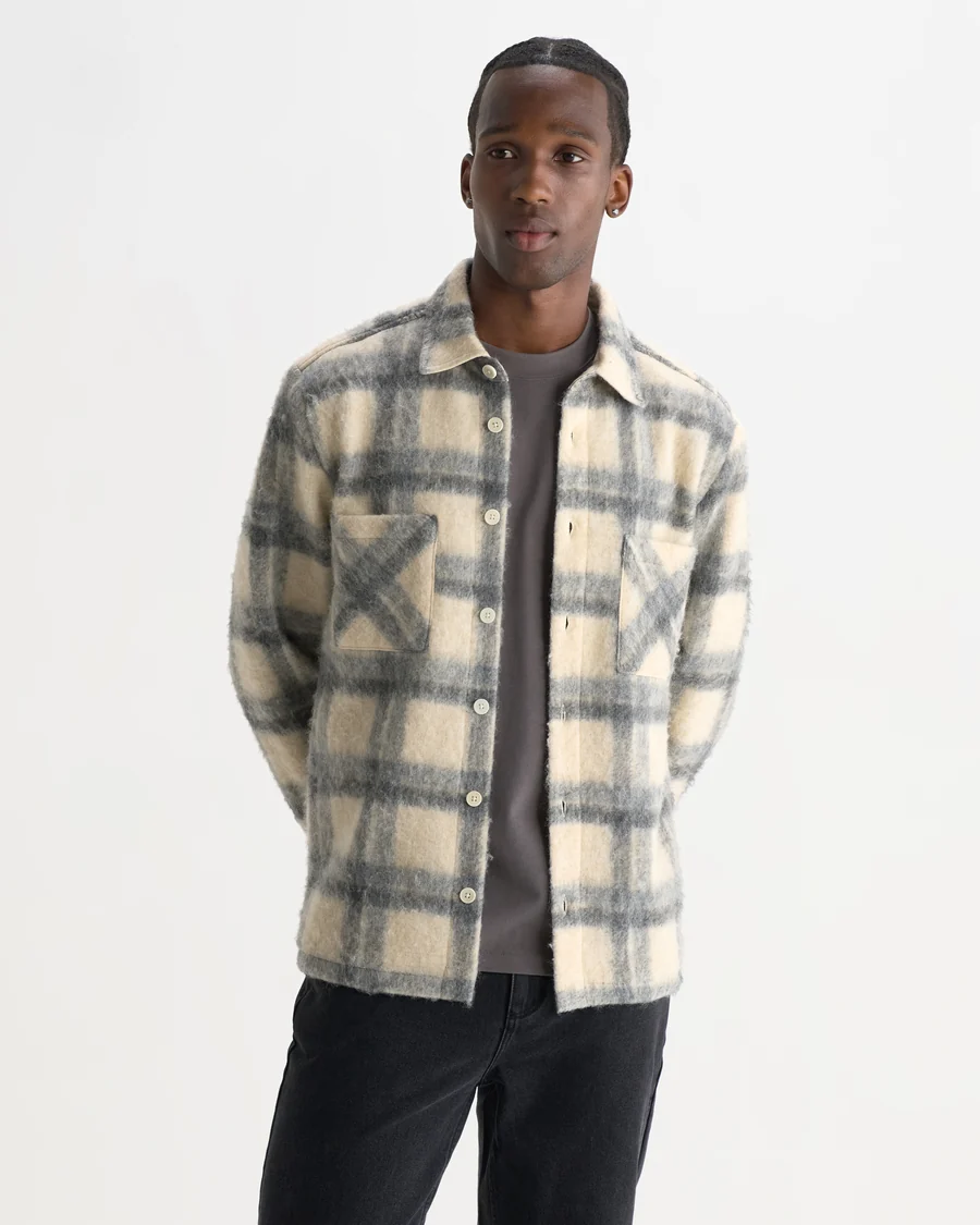 WAX LONDON - WHITING - ECRU AND GREY CHECK WOOL BLEND OVERSHIRT