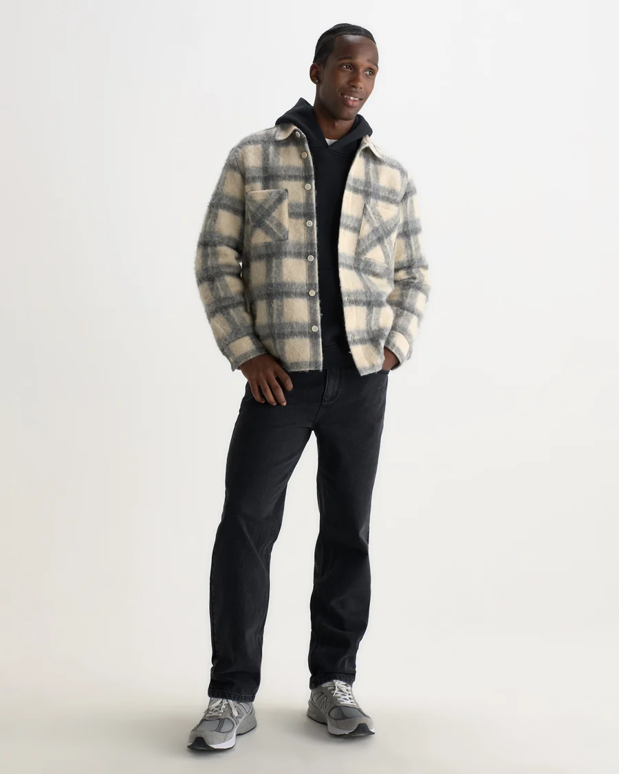 WAX LONDON - WHITING - ECRU AND GREY CHECK WOOL BLEND OVERSHIRT