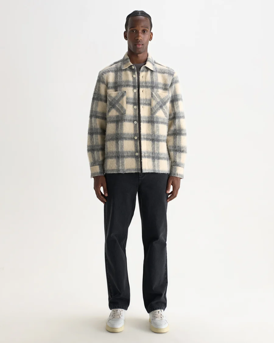 WAX LONDON - WHITING - ECRU AND GREY CHECK WOOL BLEND OVERSHIRT