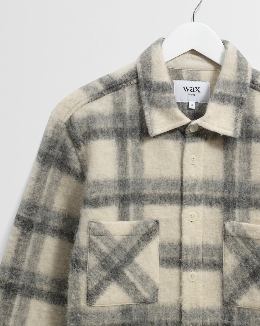 WAX LONDON - WHITING - ECRU AND GREY CHECK WOOL BLEND OVERSHIRT