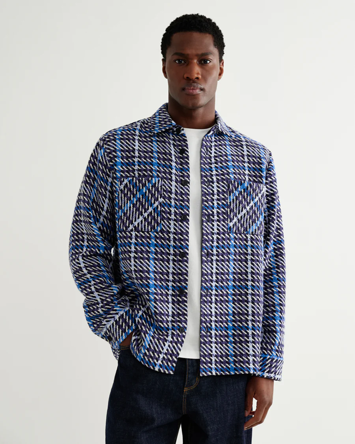 WAX LONDON - WHITING - NAVY AND BLUE HOUNDSTOOTH WEAVE OVERSHIRT