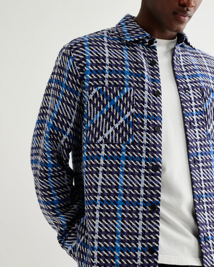 WAX LONDON - WHITING - NAVY AND BLUE HOUNDSTOOTH WEAVE OVERSHIRT