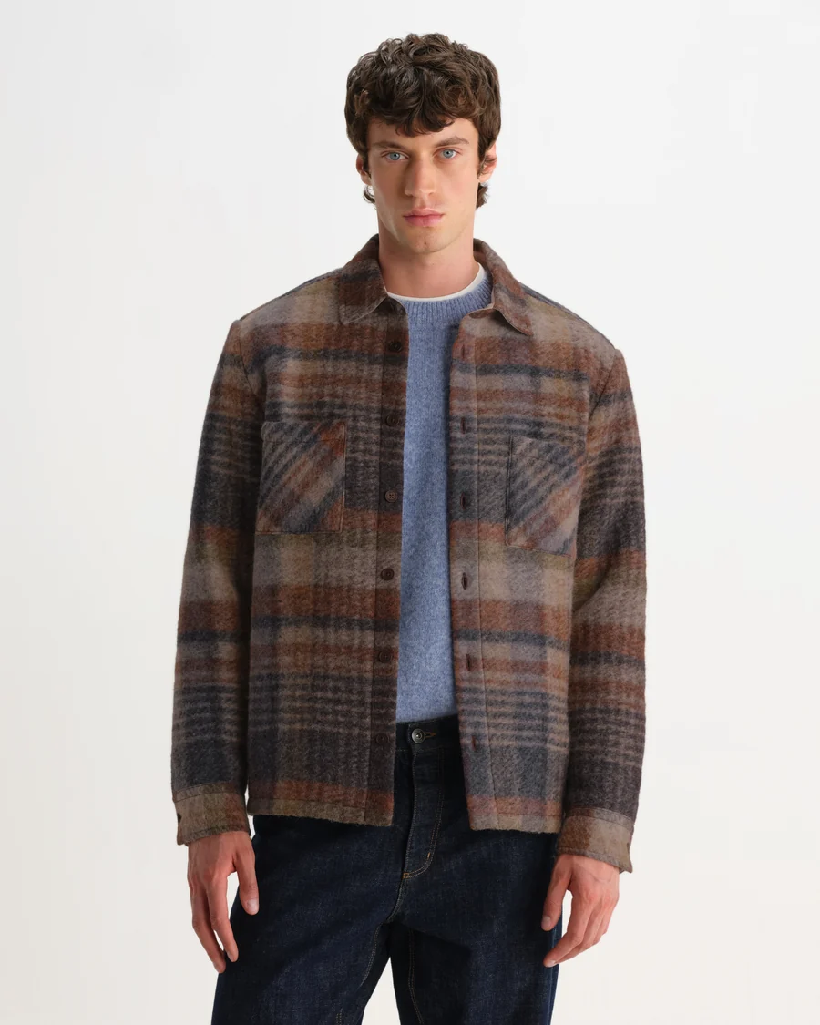 WAX LONDON - WHITING - OATMEAL AND MULTICOLOUR CHECK WOOL BLEND OVERSHIRT