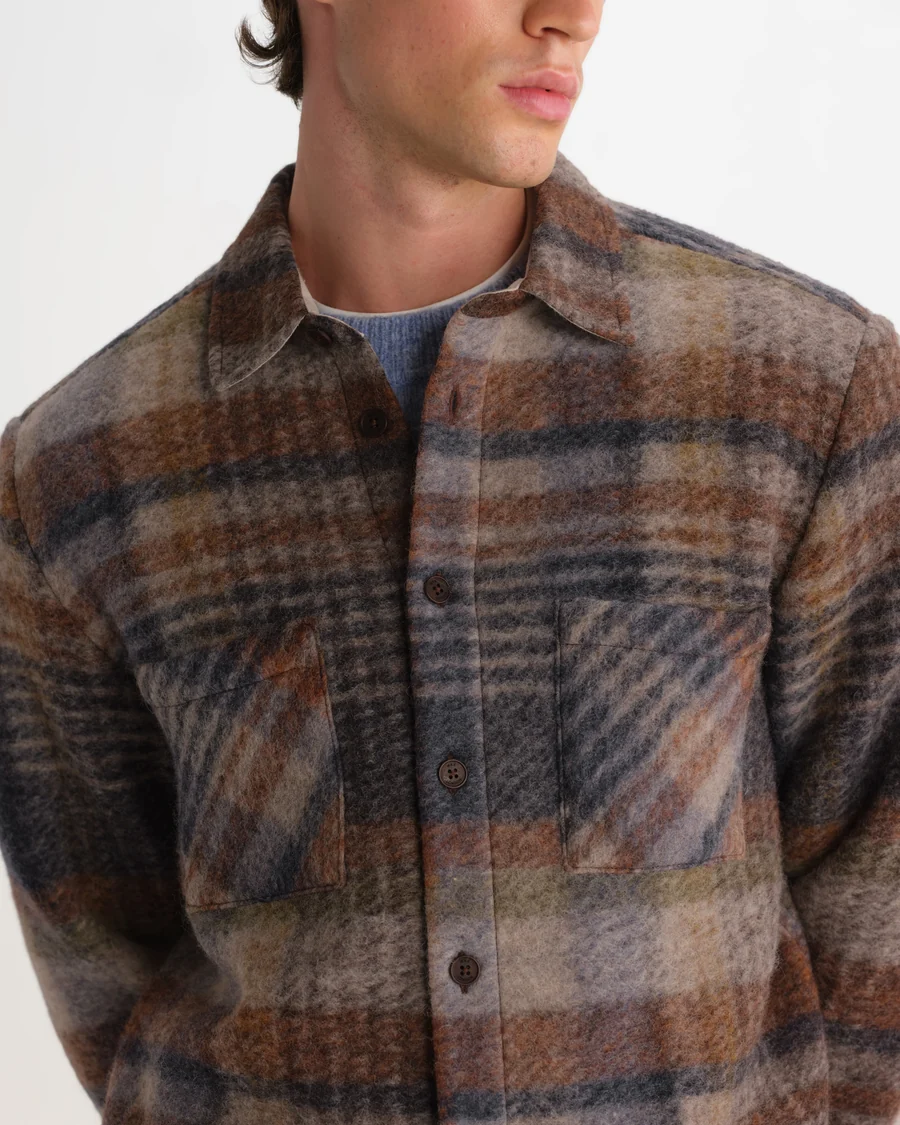 WAX LONDON - WHITING - OATMEAL AND MULTICOLOUR CHECK WOOL BLEND OVERSHIRT